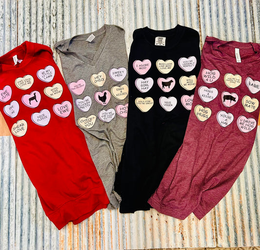 Sheep Candy Hearts Graphic Tee, Long Sleeve Tee or Sweatshirt | Small-3XL