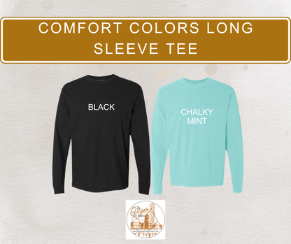 Black and chalky mint long-sleeve tees with 'Comfort Colors' branding on a light gray background.
