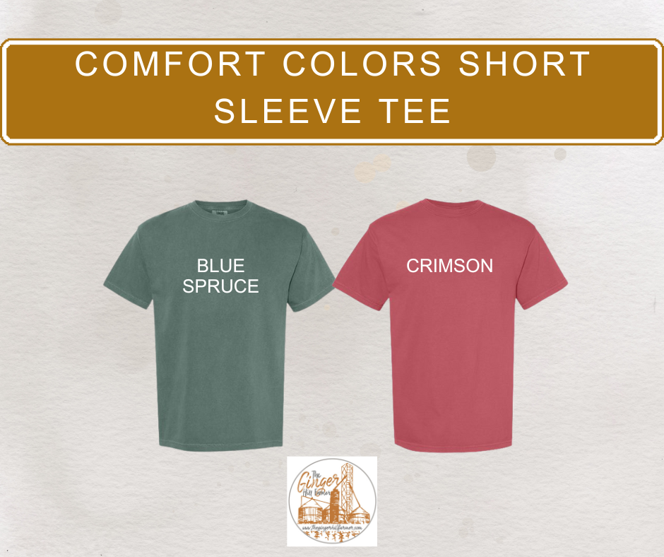 Two t-shirts, one green and one red, with 'Blue Spruce' and 'Crimson' text on a textured background.
