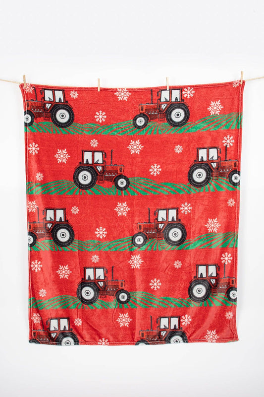 Red Tractor Christmas Plush Blanket