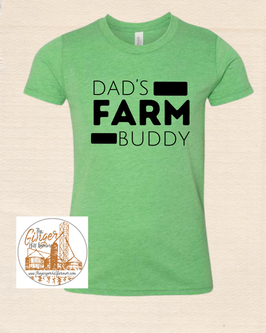Green t-shirt with 'Dad's Farm Buddy' text on a beige background