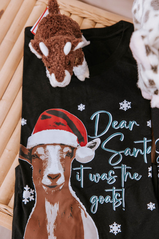 Black shirt with a goat wearing a Santa hat and text 'Dear Santa it was the goats!' on a textured surface.