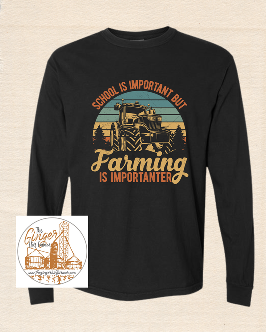 Black long-sleeve shirt with farming graphic and text on a beige background