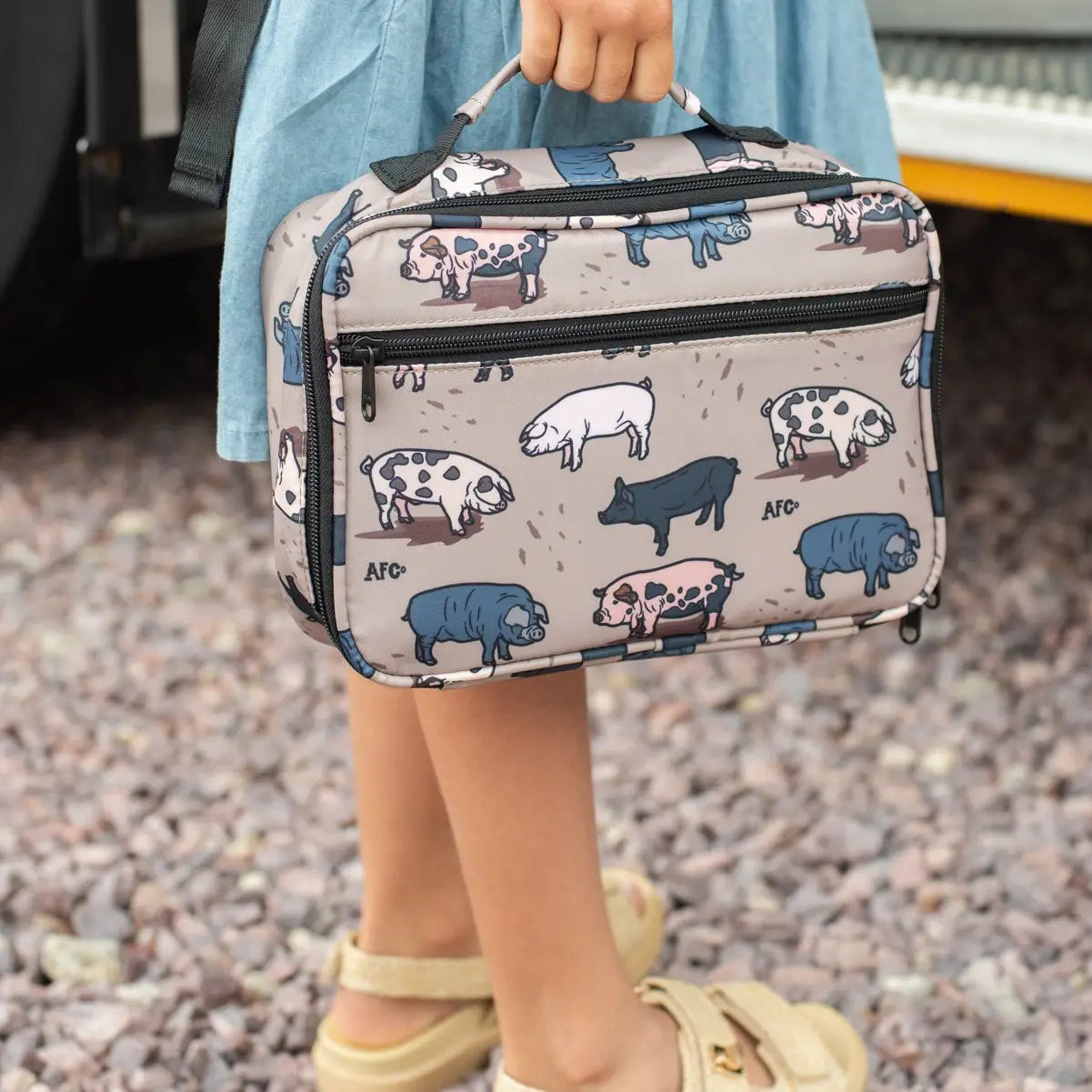 Person holding a patterned lunch bag with animal designs on a gravel surface
