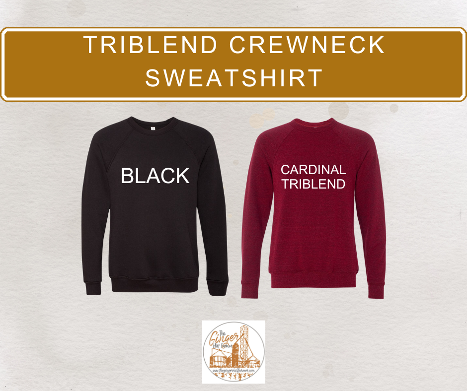 Two triblend crewneck sweatshirts, one black and one cardinal, on a light gray background with 'Triblend Crewneck Sweatshirt' text at the top.