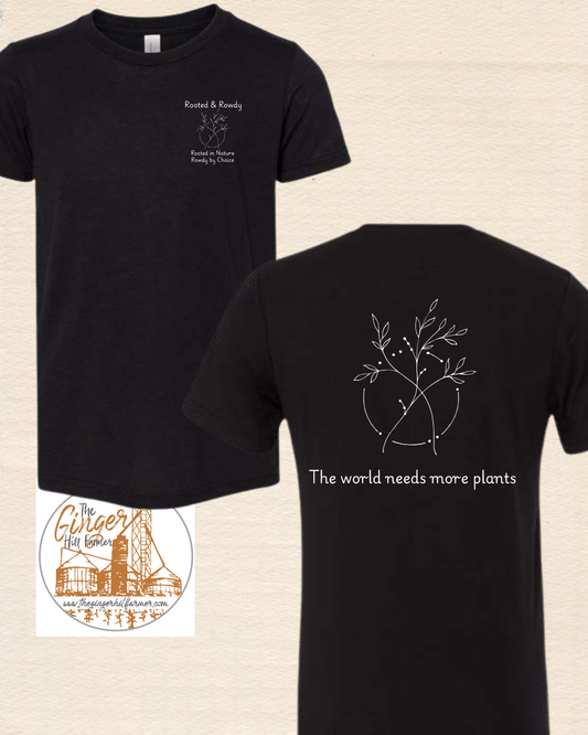 black t-shirt with white graphic on beige background