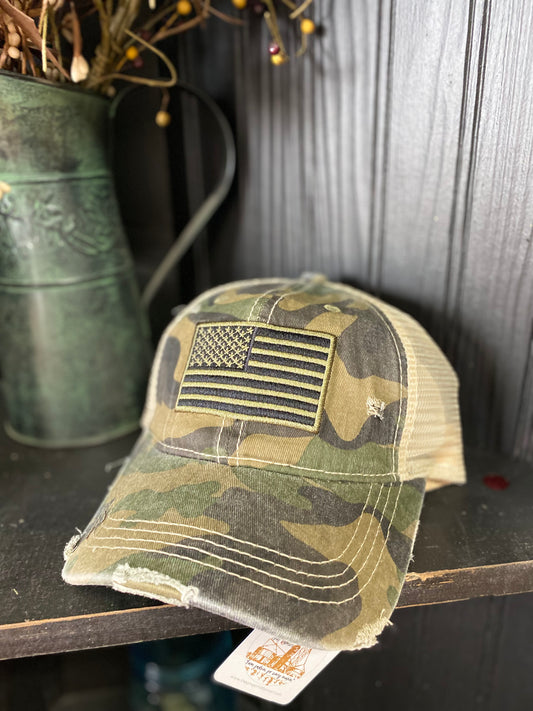 front view of camo flag hat