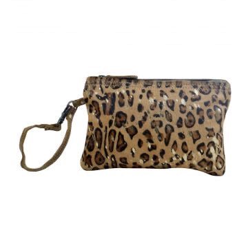 wristlet with gold accents laying flat