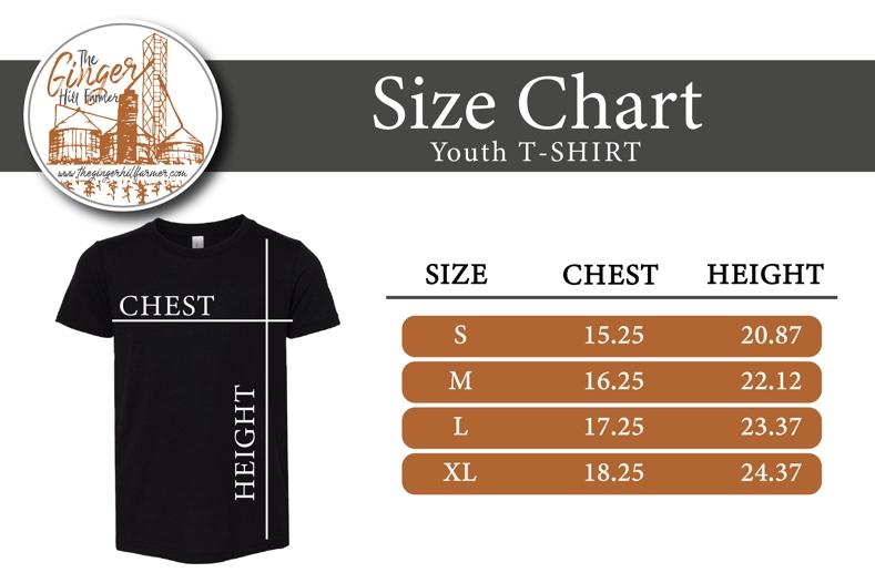 youth t-shirt size chart- The Ginger Hill Farmer