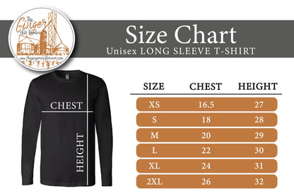 unisex long sleeve t-shirt size chart