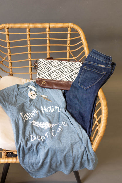 Farm Hair Don't Care V-Neck Graphic Tee in Steel Blue | Sizes Small-2XL