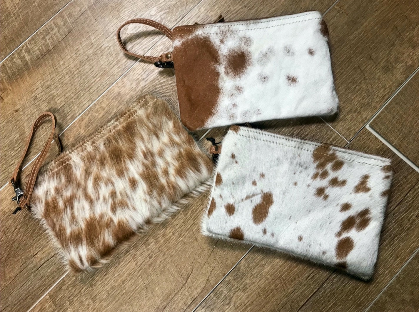 White & Brown Hair-on Wristlet three options lying flat