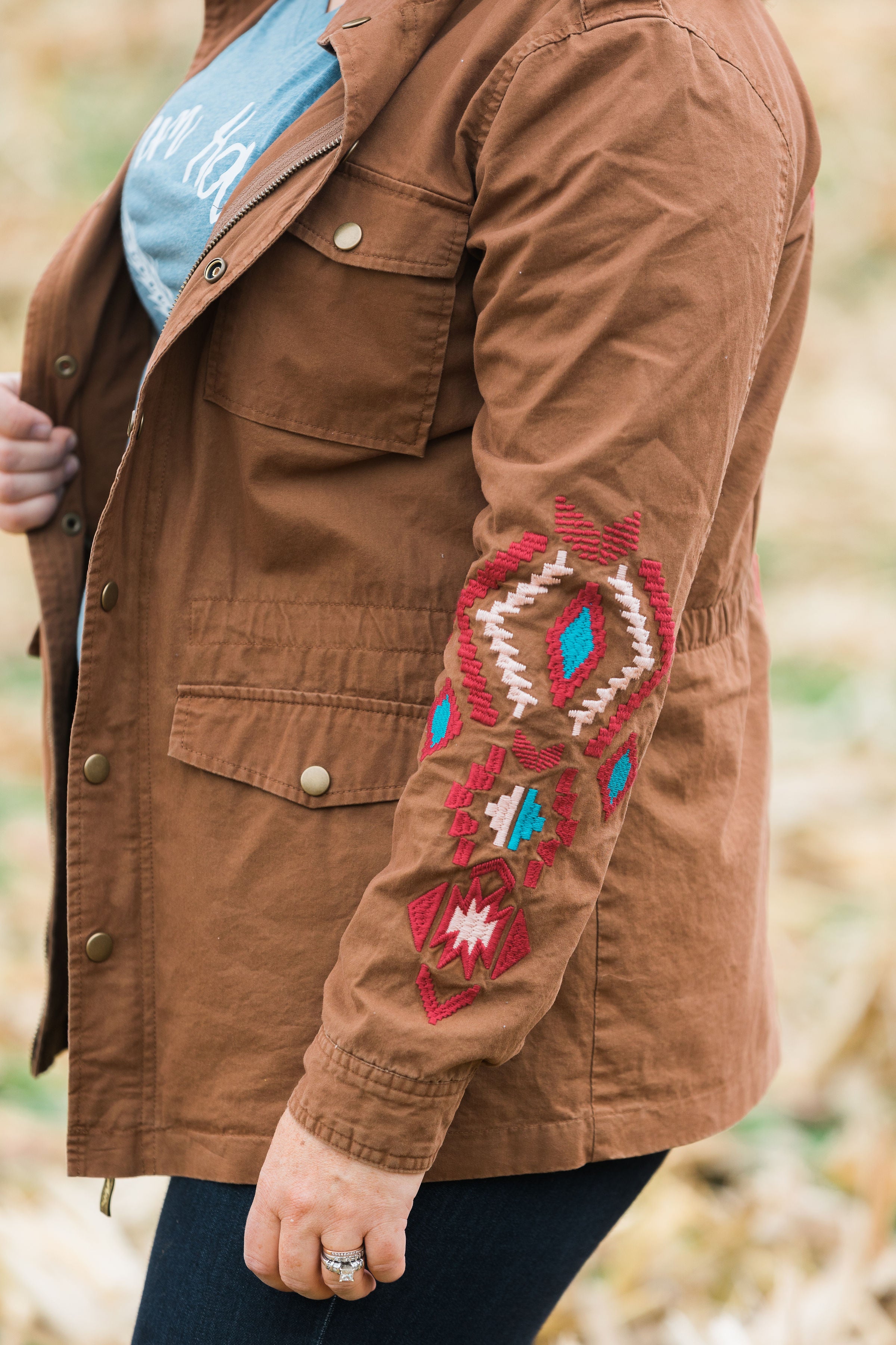 Southwest Embroidered Zip-Up Jacket in Tan | Sizes Small-2XL